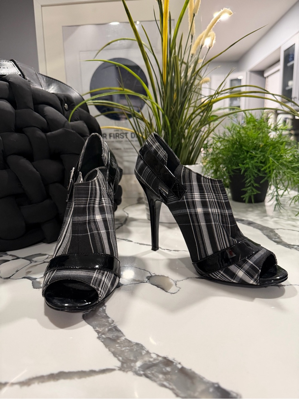 White House Black Market Black & Gray Plaid Peep-Toe Stiletto Heels